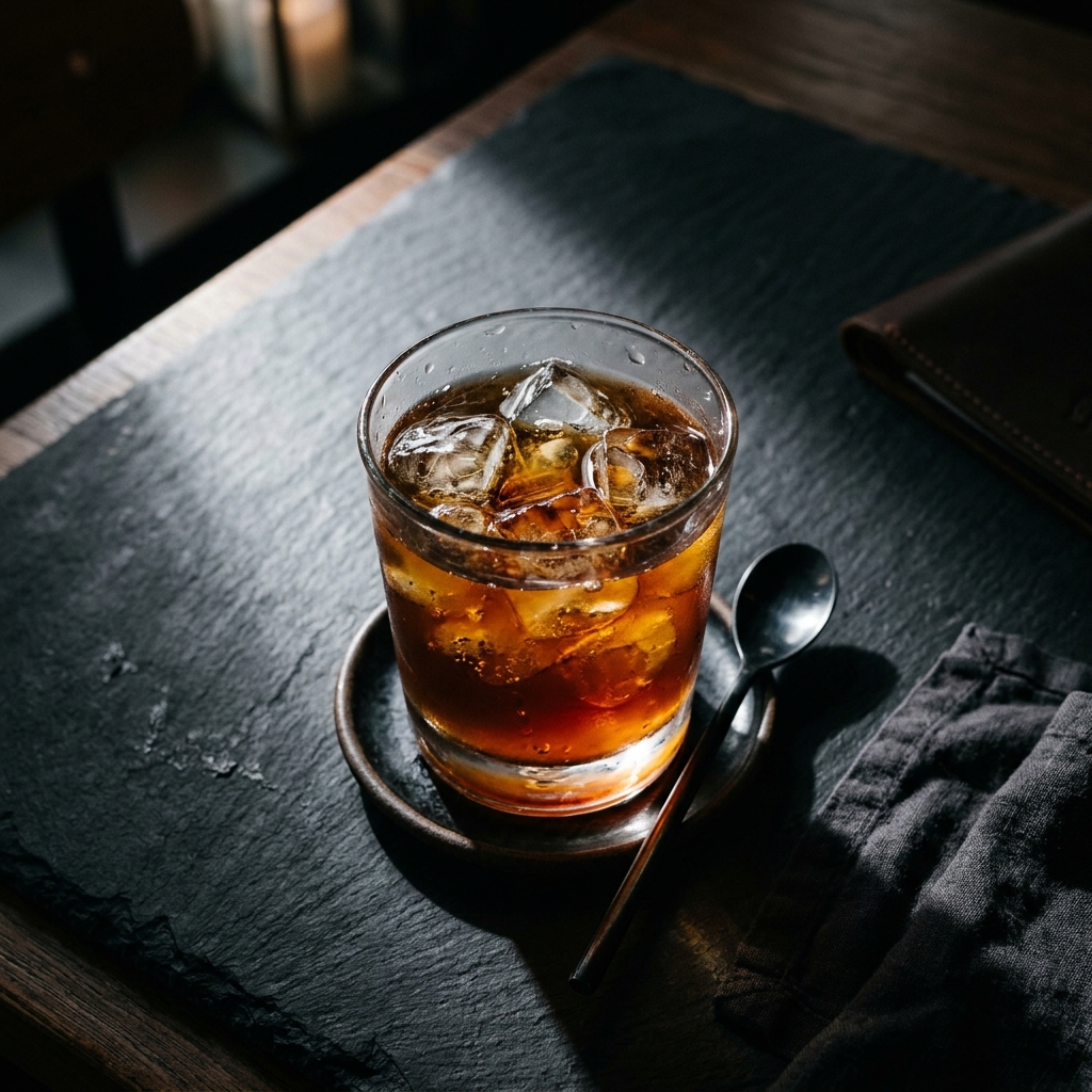 Cold brew coffee dalam gelas tinggi dengan es batu